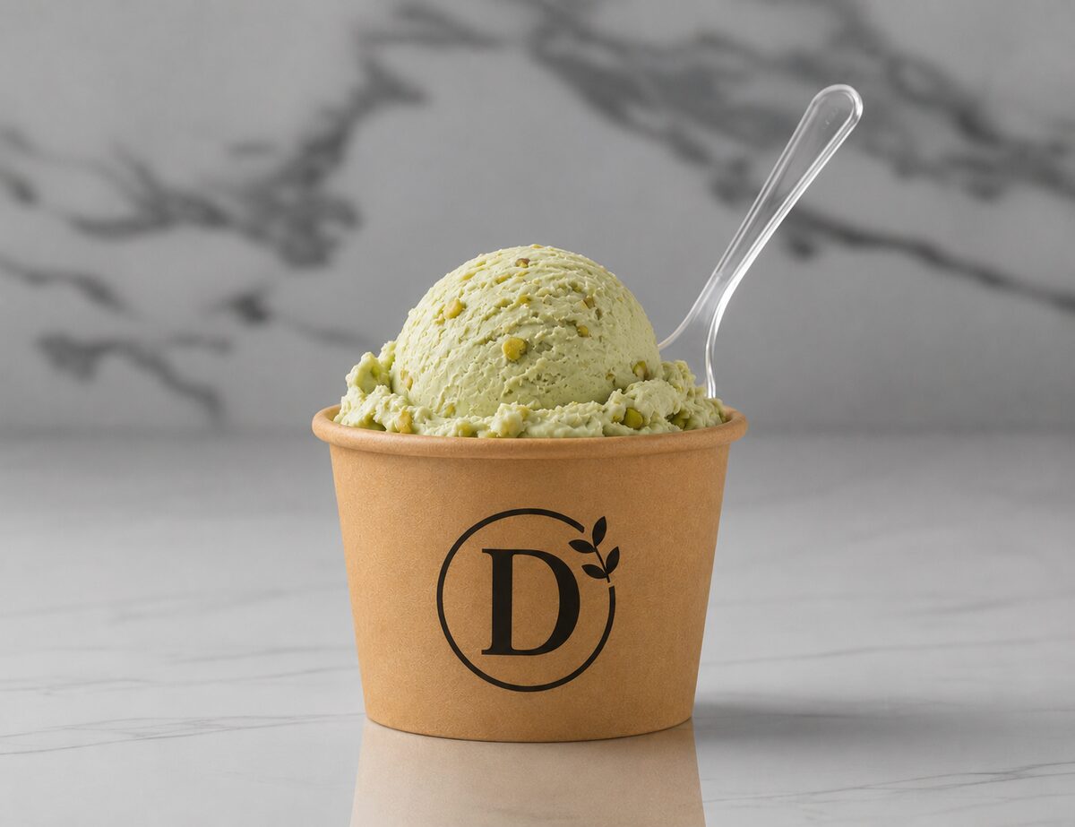 D Marketplace pistachio ice cream scooped in a branded cup